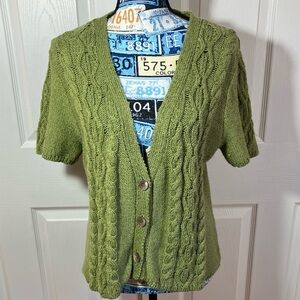 J. Jill Short Sleeve Apple Green Cable Knit V Neck Cardigan Large EUC